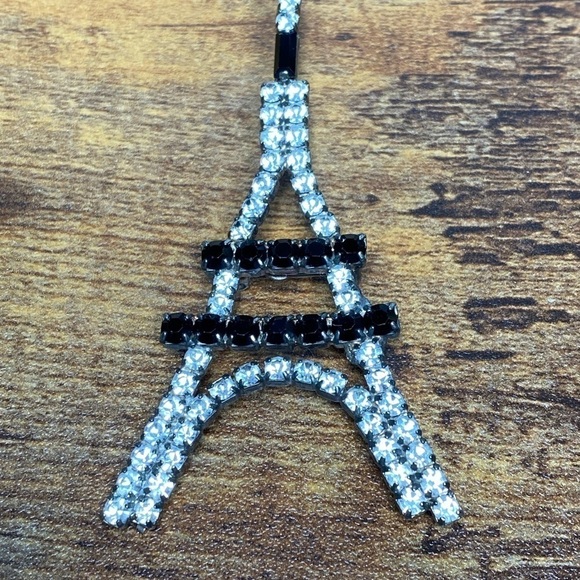 Brooch Eiffel Tower France Black Clear Rhinestones Pin Large Vintage - Picture 6 of 7